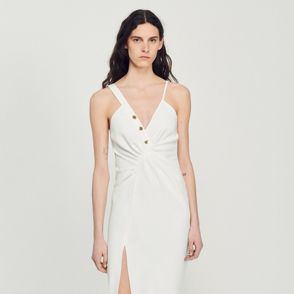 SANDRO  Piqué Midi Dress - Off-White - Picture 5 of 7